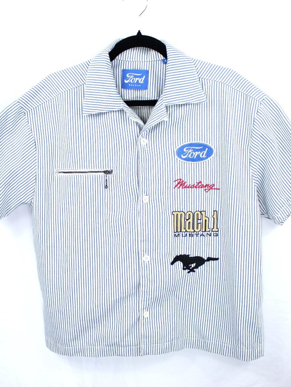 PacSun Ford Striped Button-Down Shirt in White and Blue with Mustang Patches